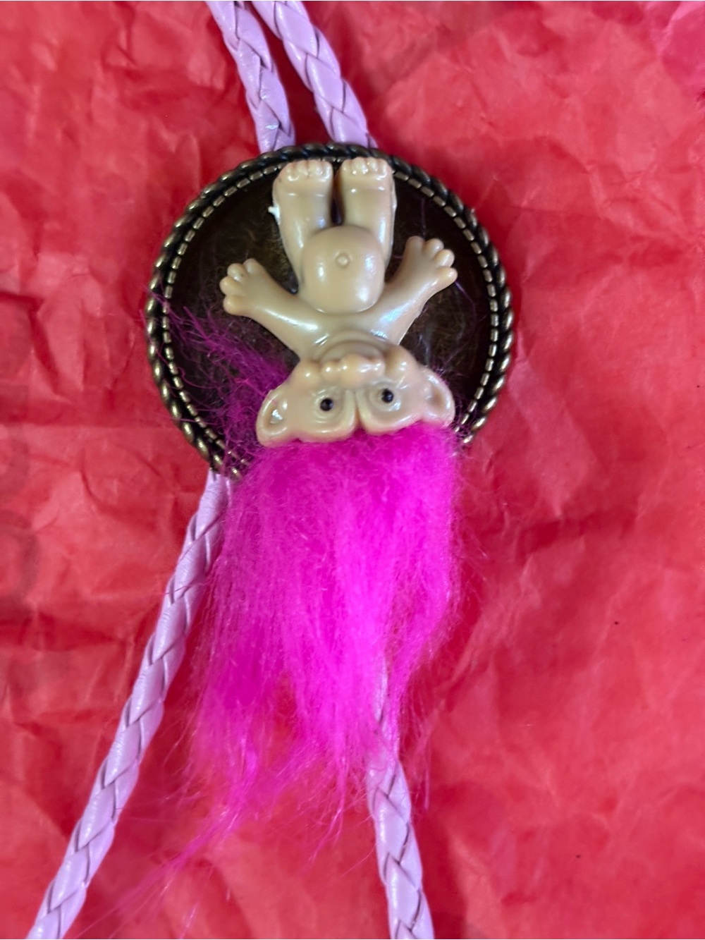 Retro Troll Doll Bolo Tie with Hot Pink Hair